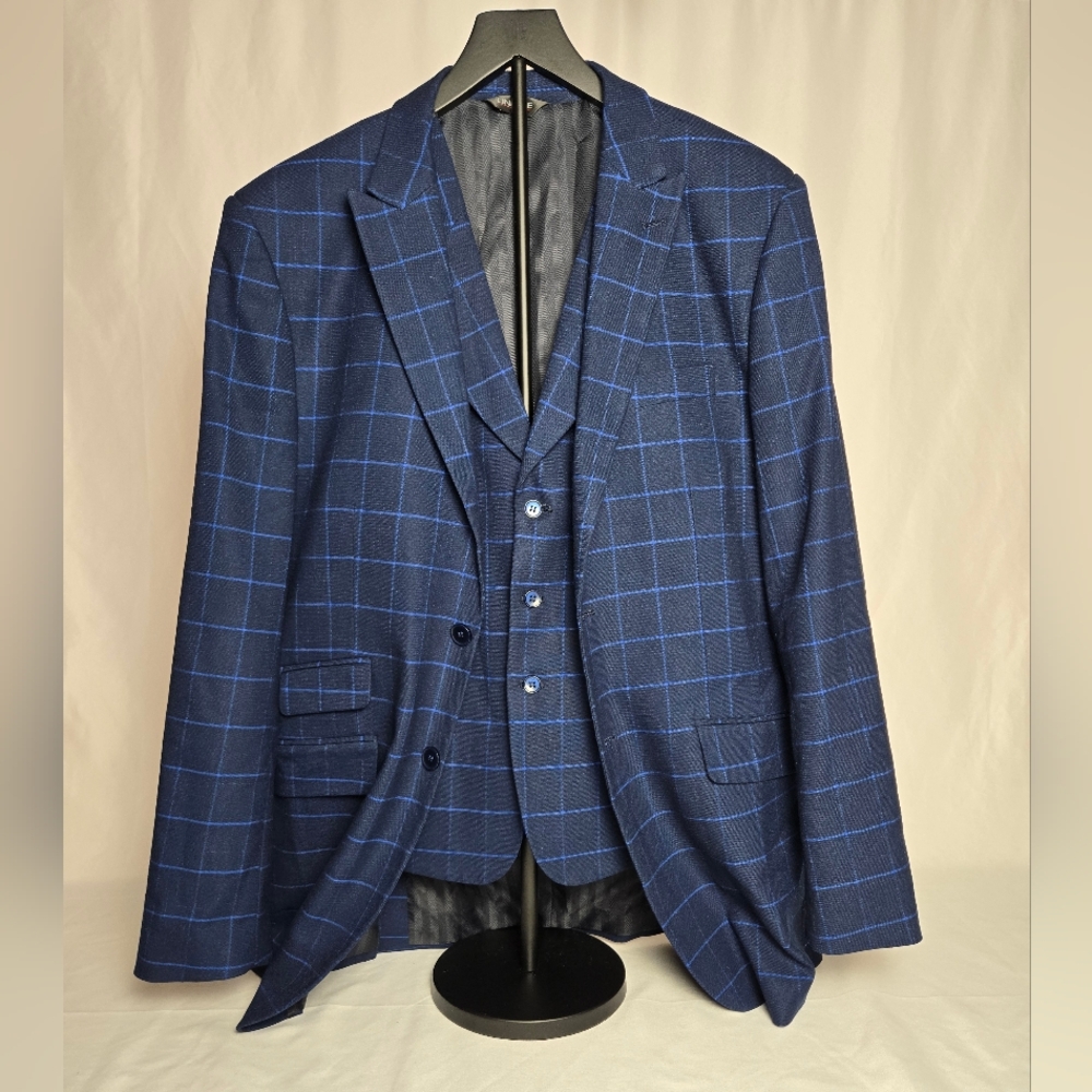 Lineage 38x32 Blue Windowpane‎ Mens 2-piece blazer and vest